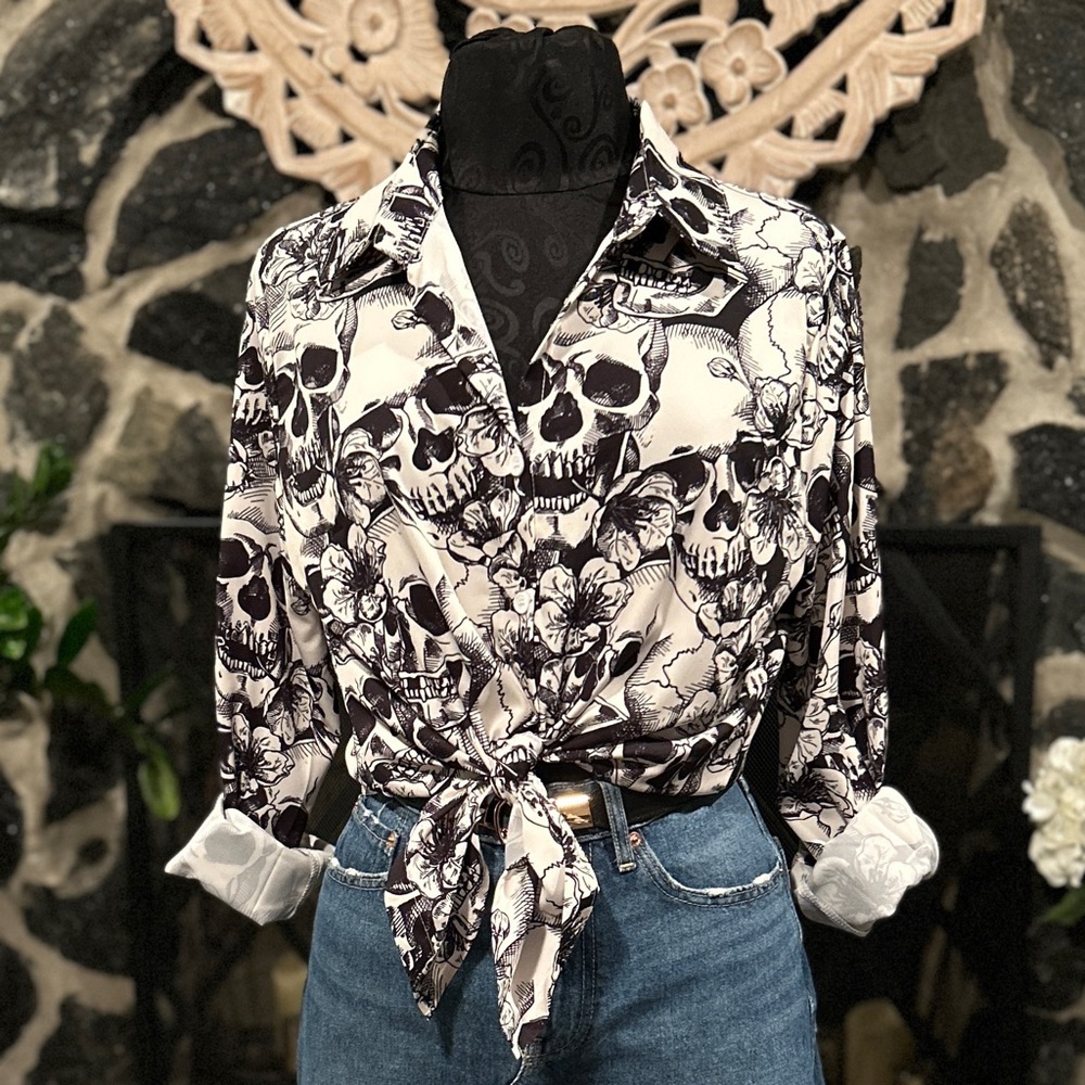 Black & White Skull & Floral Print Button-Down Blouse